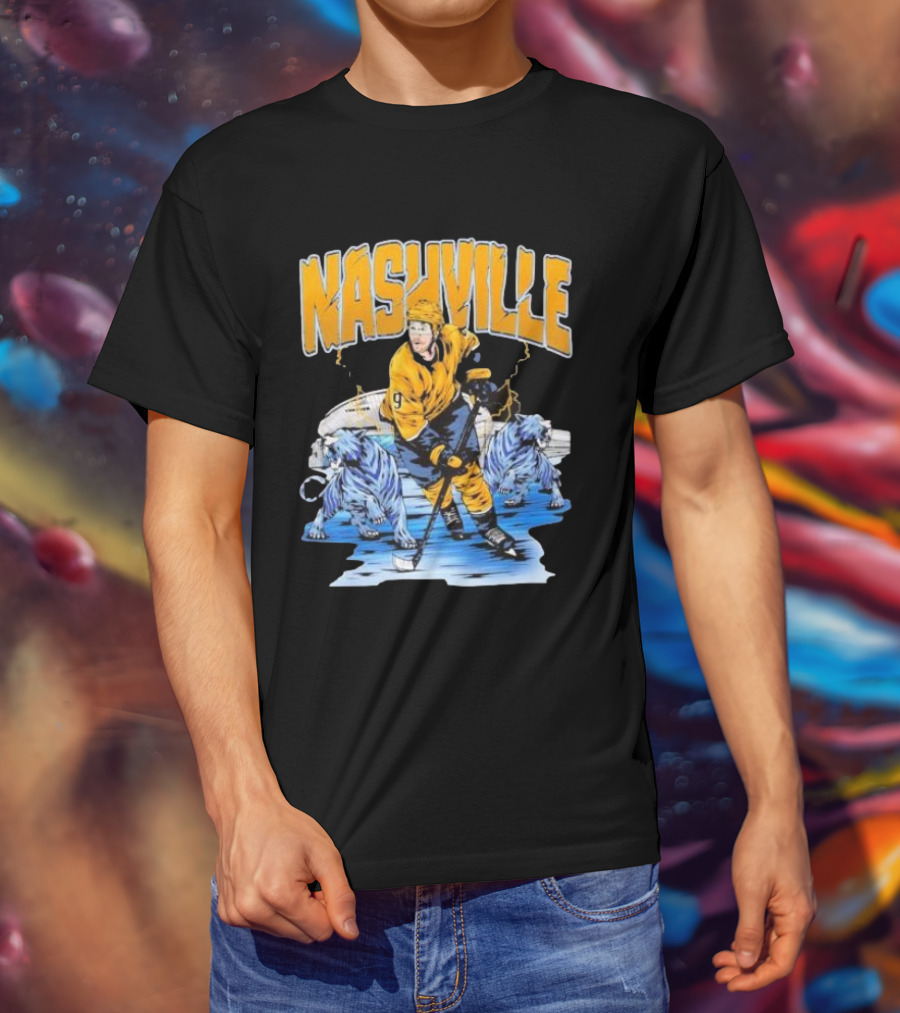 Nashville Predators Filip Forsberg Hockey Number 9 Action With Ice Background And Predators Lions T-Shirt