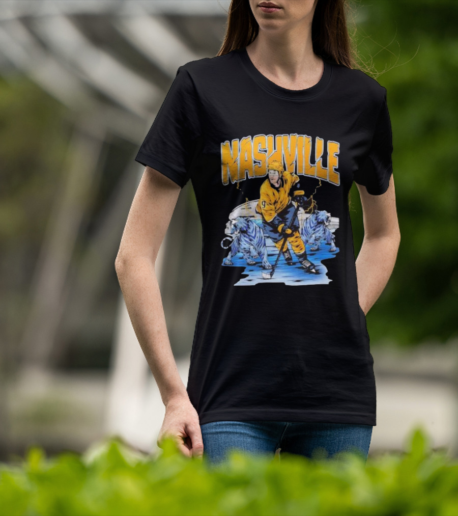 Nashville Predators Filip Forsberg Hockey Number 9 Action With Ice Background And Predators Lions T-Shirt