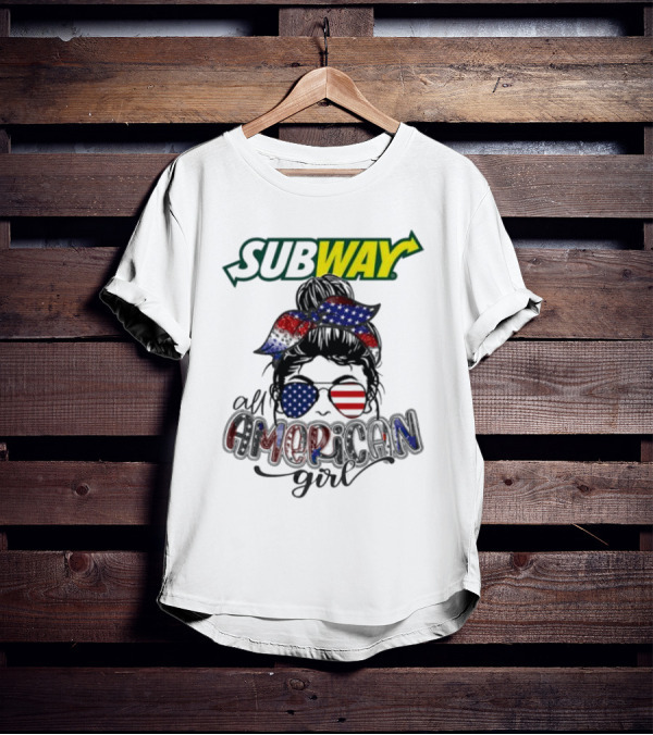 Subway All American Girl Messy Bun Patriotic Bandana And Sunglasses T-Shirt