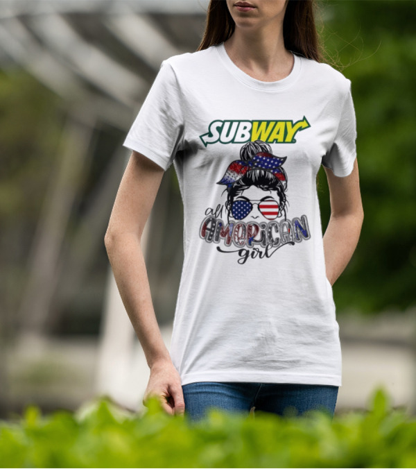 Subway All American Girl Messy Bun Patriotic Bandana And Sunglasses T-Shirt