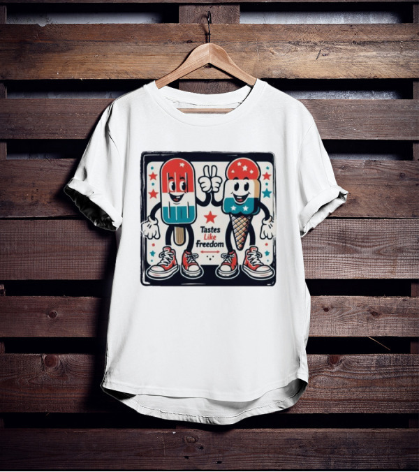 Tastes Like Freedom Popsicle And Ice Cream Characters With Stars And Sneakers T-Shirt