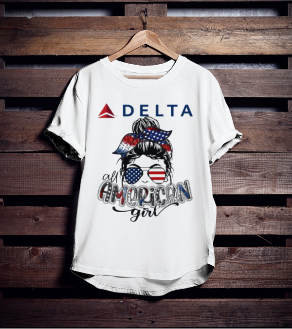 Delta Air Lines All American Girl Messy Bun Stars Stripes Bandana Sunglasses T-Shirt