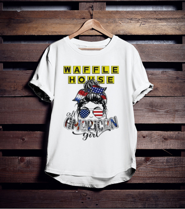 Waffle House All American Girl Messy Bun Patriotic USA Flag Glasses T-Shirt