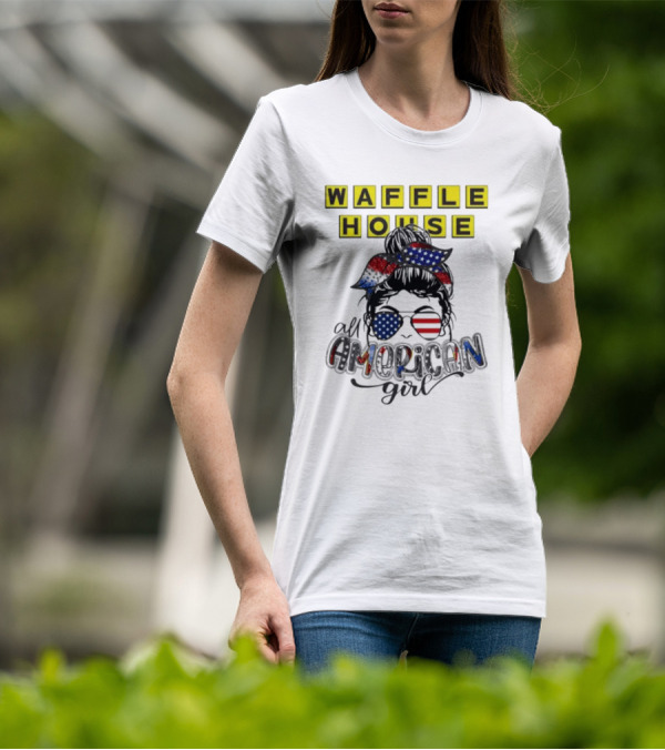 Waffle House All American Girl Messy Bun Patriotic USA Flag Glasses T-Shirt