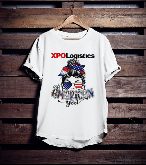 XPO Logistics All American Girl Messy Bun Red White Blue Glasses Stars Stripes T-Shirt