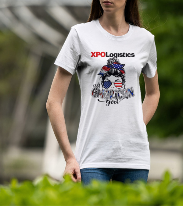 XPO Logistics All American Girl Messy Bun Red White Blue Glasses Stars Stripes T-Shirt