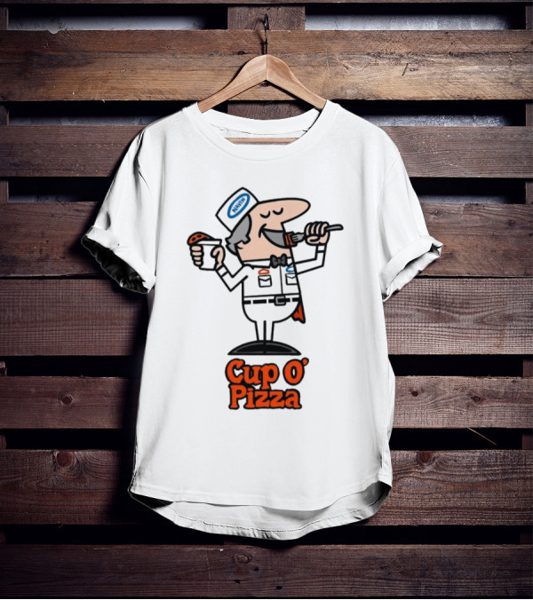 Cup O' Pizza Cartoon Character Eating From A Fork And Cup T-Shirt