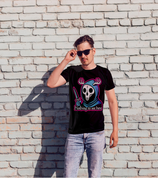 Grim Reaper Nothing To See Here Skull Hood Antlers Knife T-Shirt
