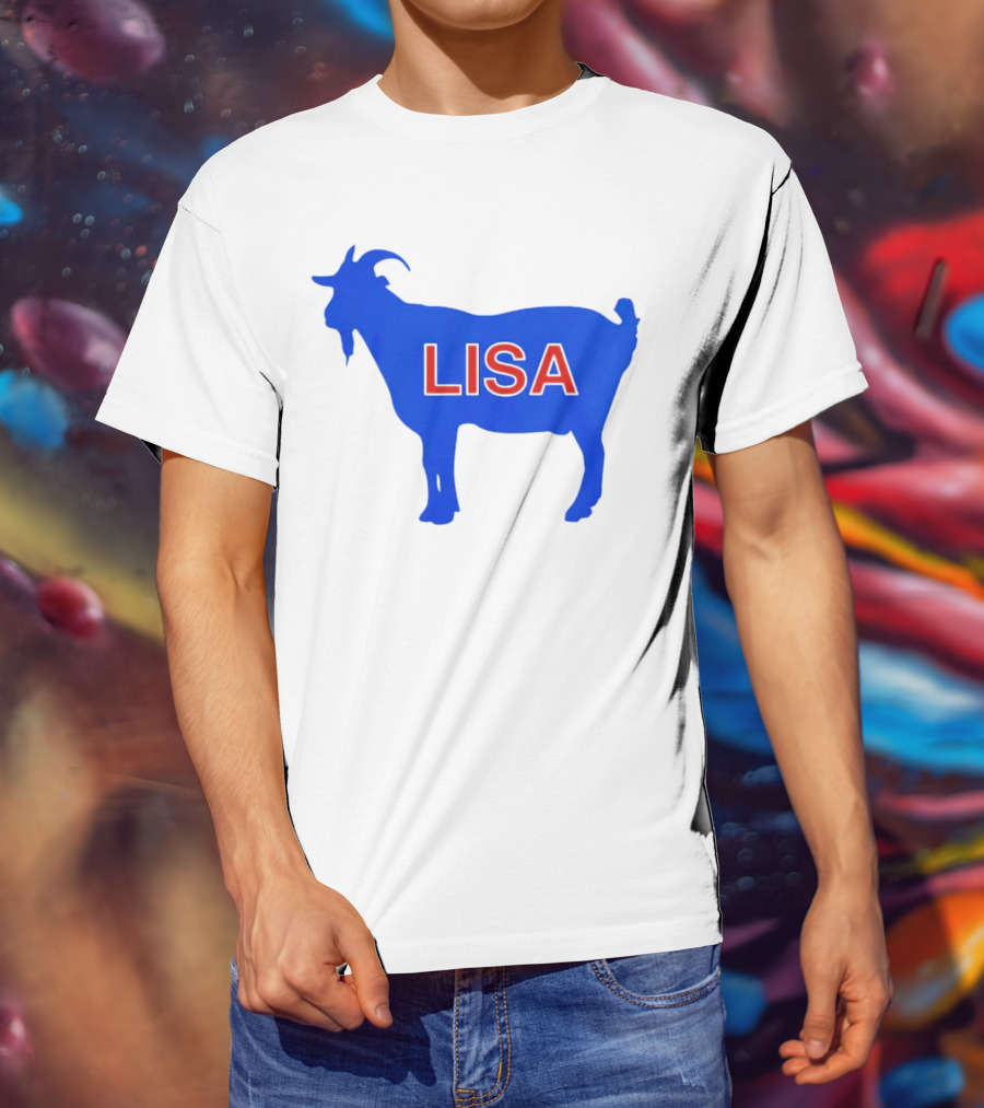 Lisa L Dubbs Goat Silhouette With Name In Bold Red Letters Blue Background T-Shirt