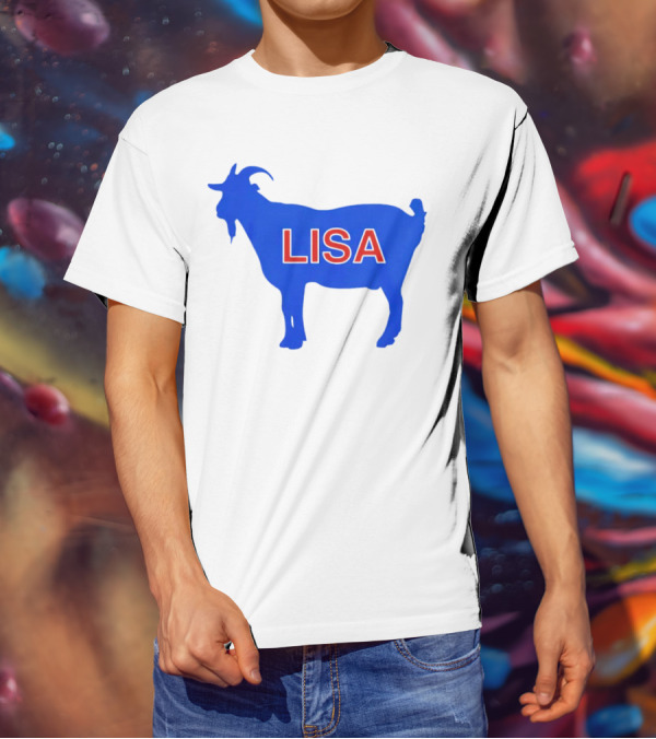 Lisa L Dubbs Goat Silhouette With Name In Bold Red Letters Blue Background T-Shirt