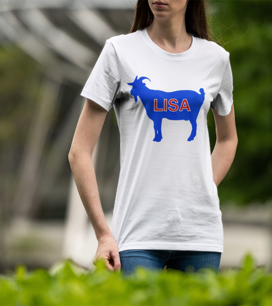 Lisa L Dubbs Goat Silhouette With Name In Bold Red Letters Blue Background T-Shirt