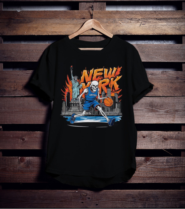 New York Knicks Skeleton Statue Basketball T-Shirt