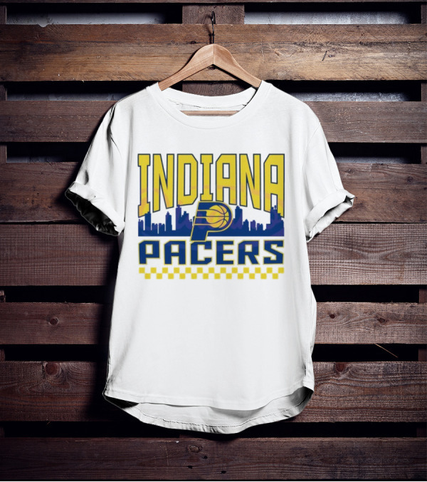Indiana Pacers NBA Logo Skyline With Checkered T-Shirt
