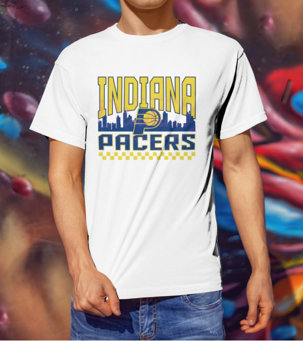 Indiana Pacers NBA Logo Skyline With Checkered T-Shirt