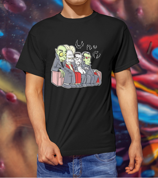 Various Versions Of Draculas Seated On A Couch With Bat Symbols T-Shirt