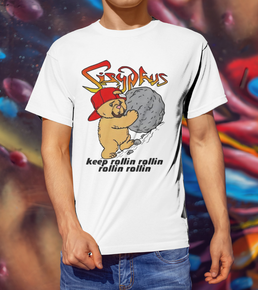 Sisyphus Keep Rollin Rollin Rollin Rollin Bear With Boulder Red Cap T-Shirt