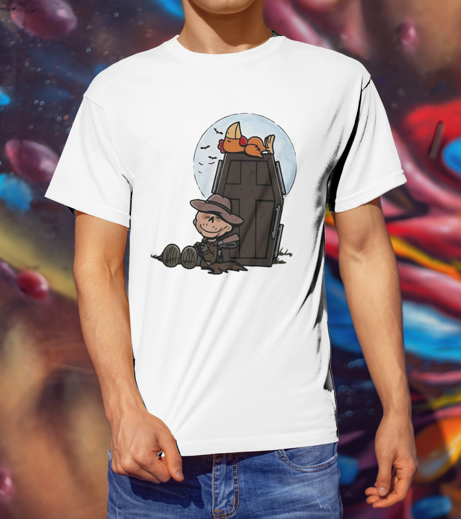 Ghoul And A Chicken From Fallout Peanuts Style Sitting By Coffin Under Moon With Bats T-Shirt