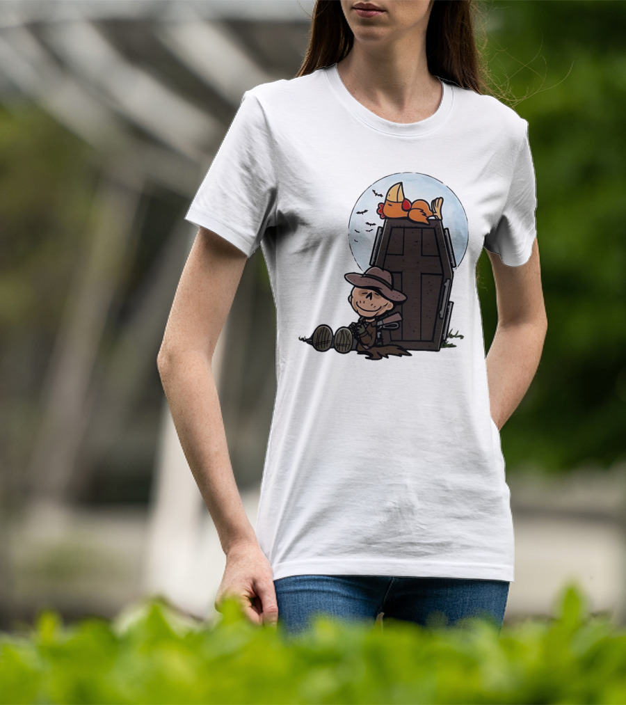 Ghoul And A Chicken From Fallout Peanuts Style Sitting By Coffin Under Moon With Bats T-Shirt
