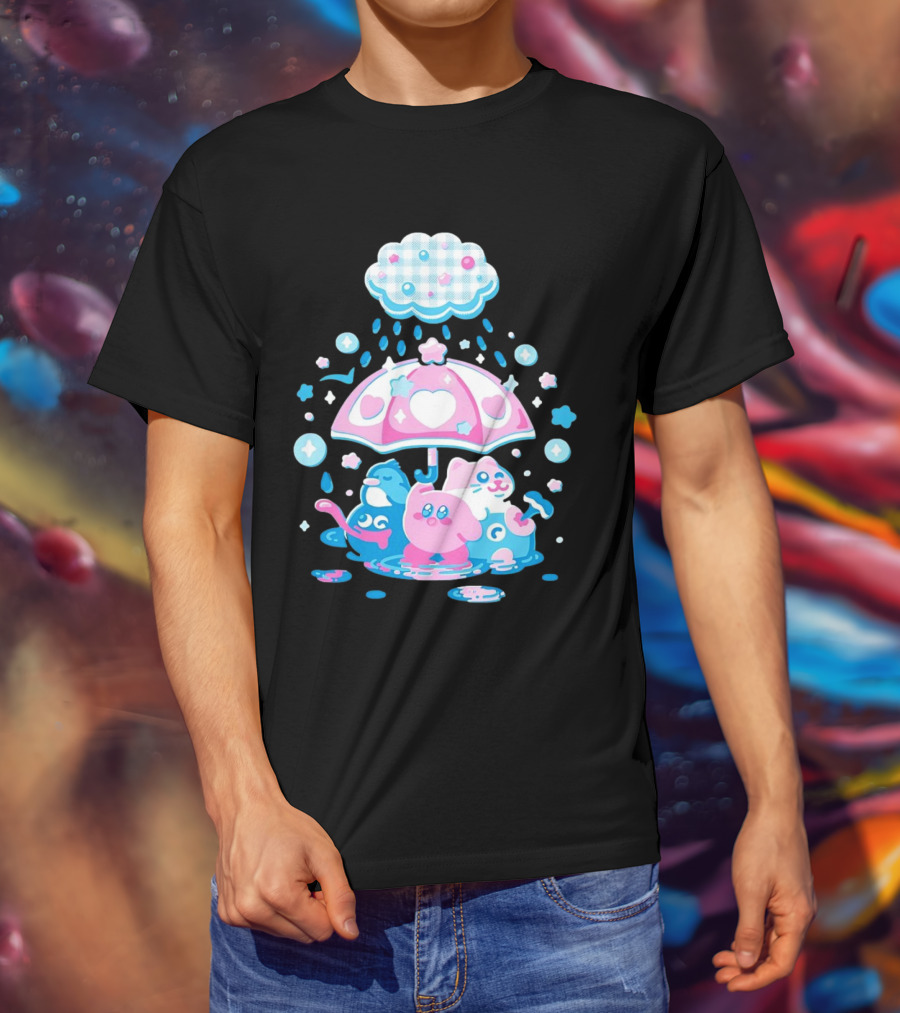 Kirby Gooey And Rick Under Heart Umbrella With Stars And Raindrops T-Shirt