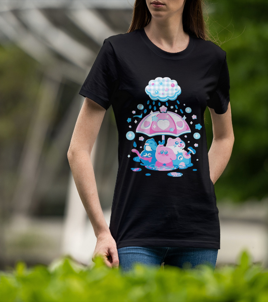 Kirby Gooey And Rick Under Heart Umbrella With Stars And Raindrops T-Shirt