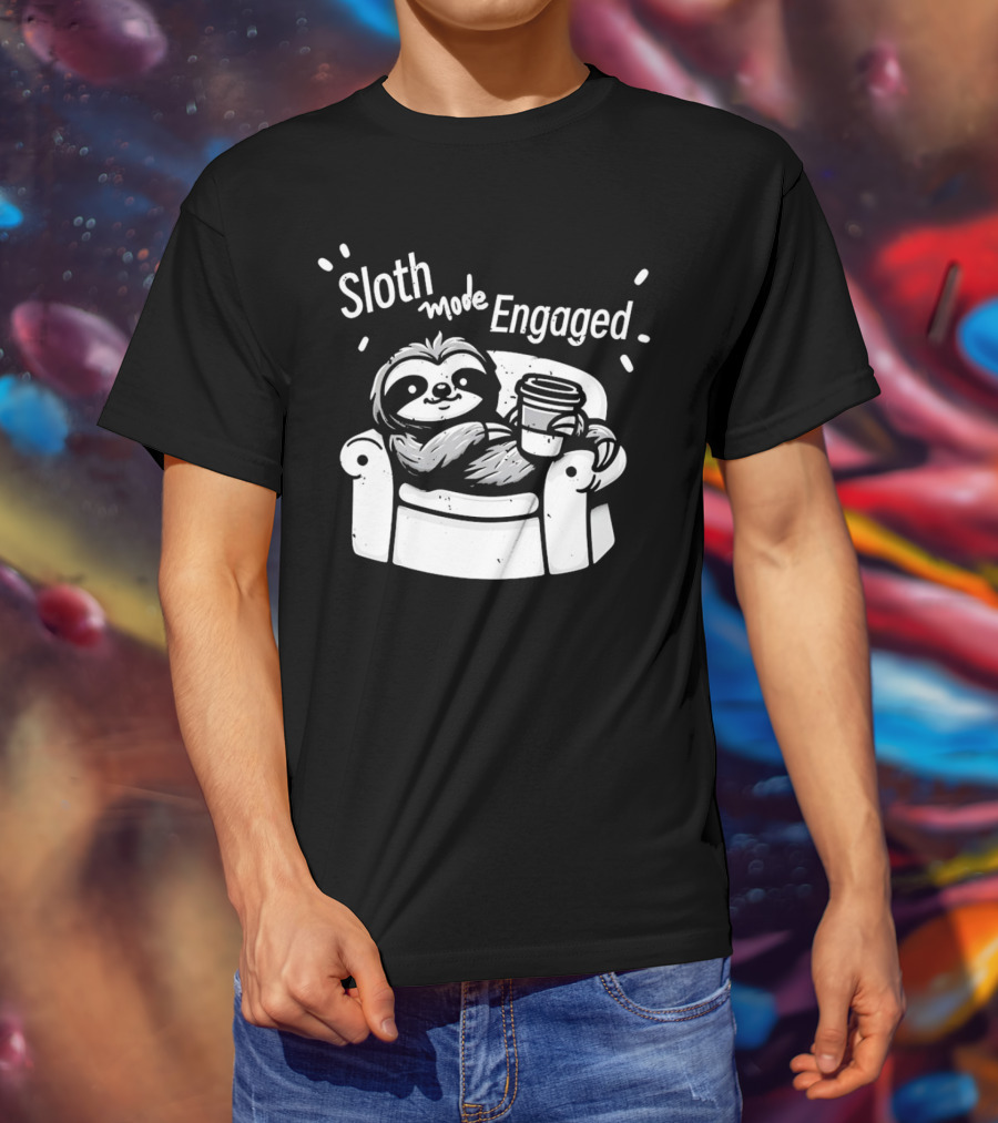 Sloth Mode Engaged Relaxing Sloth With Coffee On Couch T-Shirt