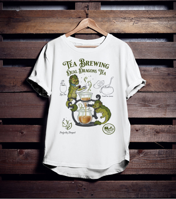 Tea Brewing Dual Dragons Sip Tea Perfectly Steeped Leaf And Kettle T-Shirt