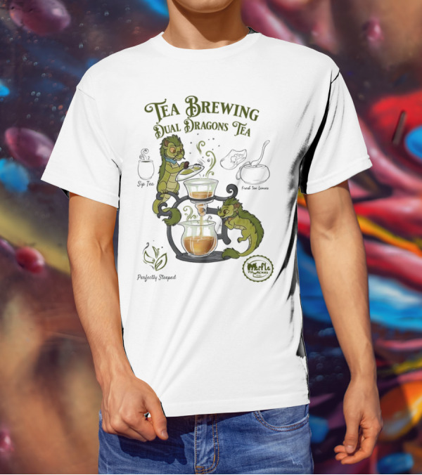 Tea Brewing Dual Dragons Sip Tea Perfectly Steeped Leaf And Kettle T-Shirt