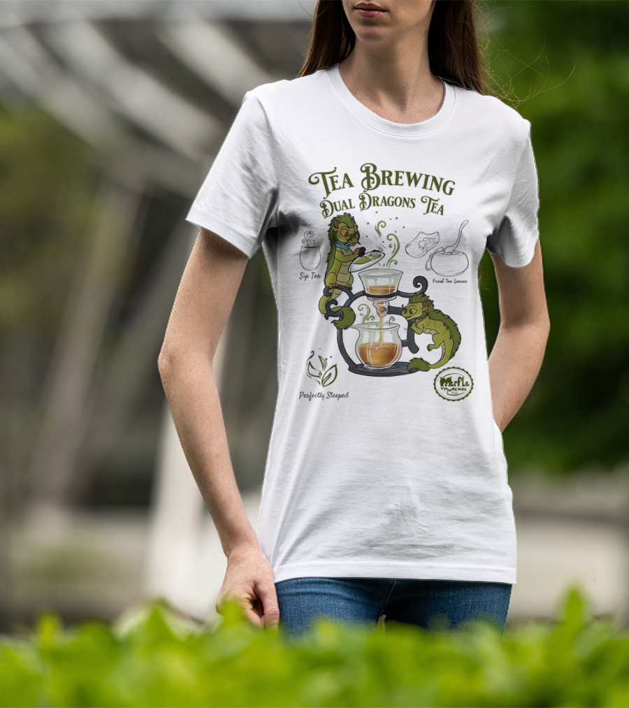 Tea Brewing Dual Dragons Sip Tea Perfectly Steeped Leaf And Kettle T-Shirt