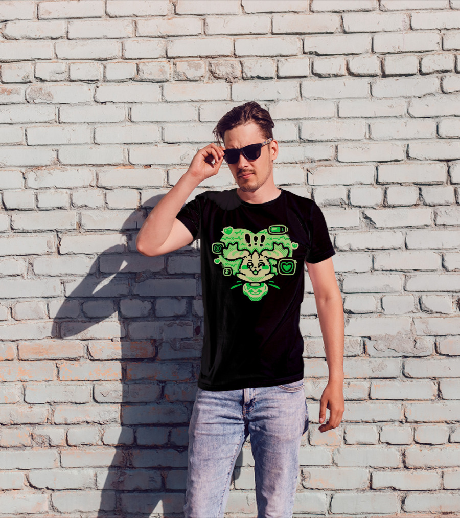Terriermon Digimon Iconic Green Heartbeat Motif With Digital Symbols T-Shirt