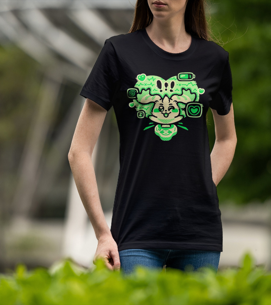 Terriermon Digimon Iconic Green Heartbeat Motif With Digital Symbols T-Shirt