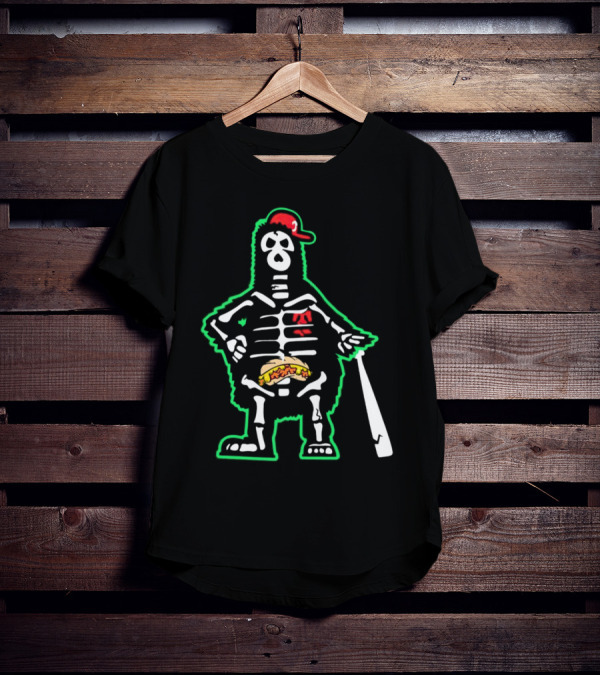 Phillie Phanatic Skeleton With Baseball Bat And Hot Dog Belly T-Shirt