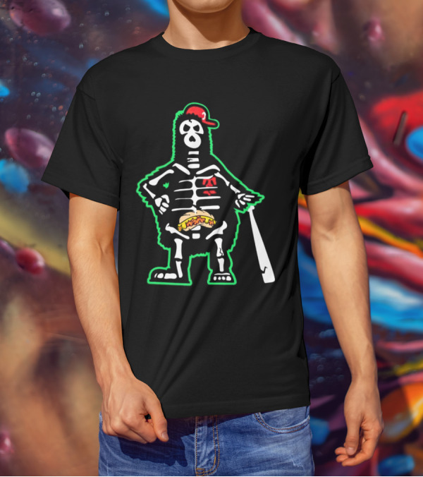 Phillie Phanatic Skeleton With Baseball Bat And Hot Dog Belly T-Shirt
