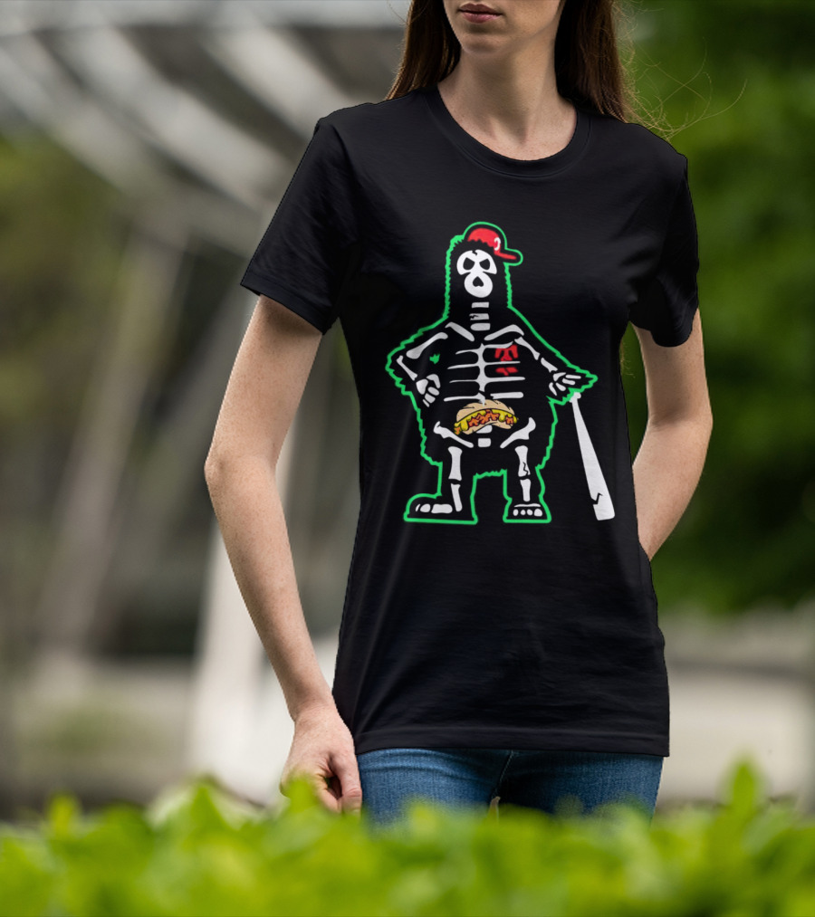 Phillie Phanatic Skeleton With Baseball Bat And Hot Dog Belly T-Shirt