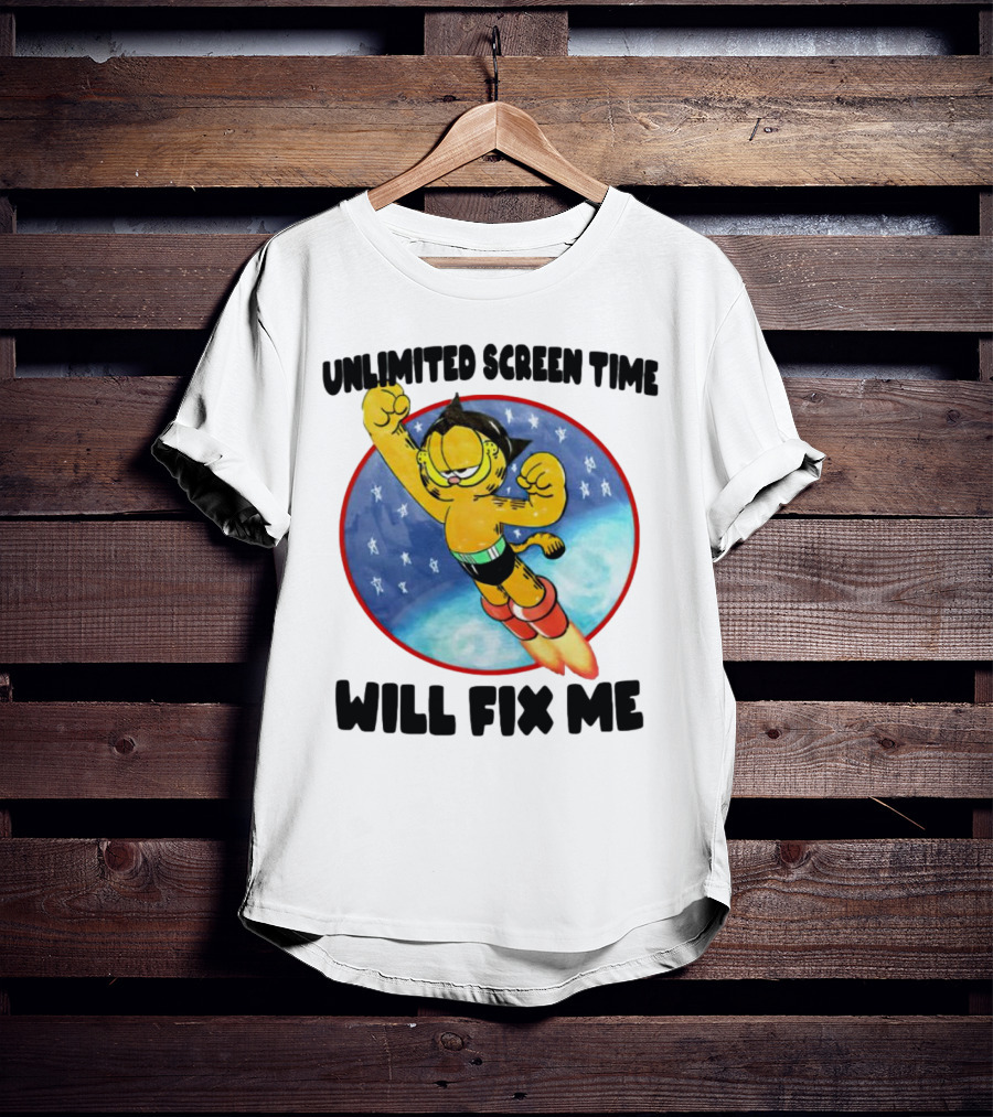 Unlimited Screen Time Will Fix Me Garfield Superhero Flight T-Shirt