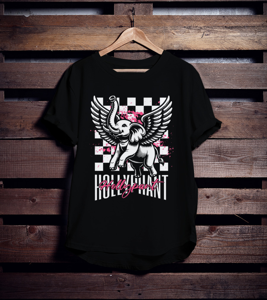 Hollypant Flying Elephant Checkered Pink Splatters T-Shirt