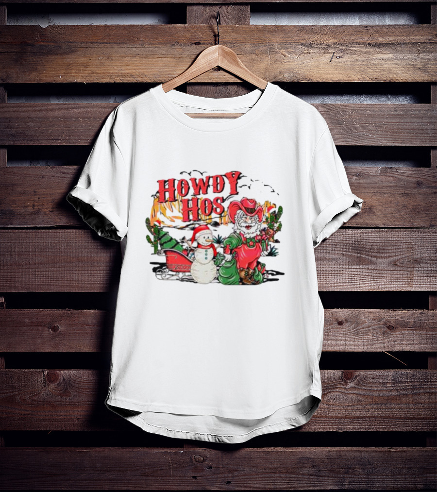 Howdy Hos Santa Snowman Sled Cowboy Christmas Scene T-Shirt