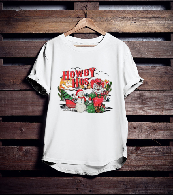 Howdy Hos Santa Snowman Sled Cowboy Christmas Scene T-Shirt