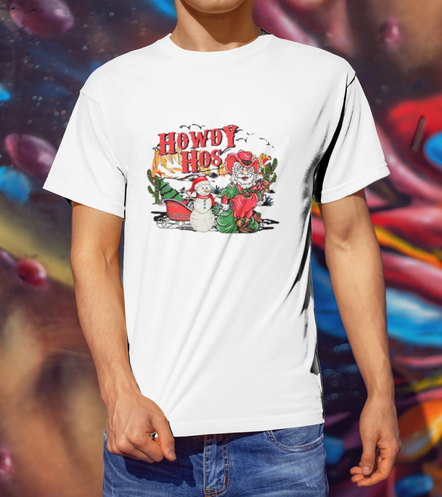 Howdy Hos Santa Snowman Sled Cowboy Christmas Scene T-Shirt