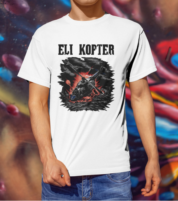 Eli Kopter Helicopter In Stormy Sky With Red Explosion T-Shirt