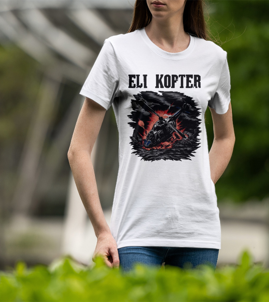 Eli Kopter Helicopter In Stormy Sky With Red Explosion T-Shirt