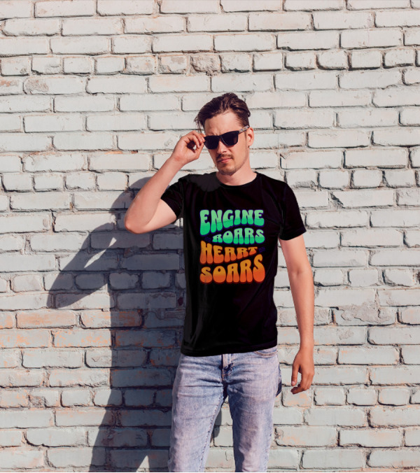 Engine Roars Heart Soars Racing Flags Vibrant Text T-Shirt