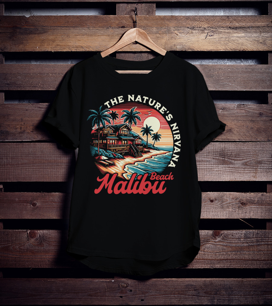 The Nature's Nirvana Malibu Beach Retro Sunset Scene T-Shirt