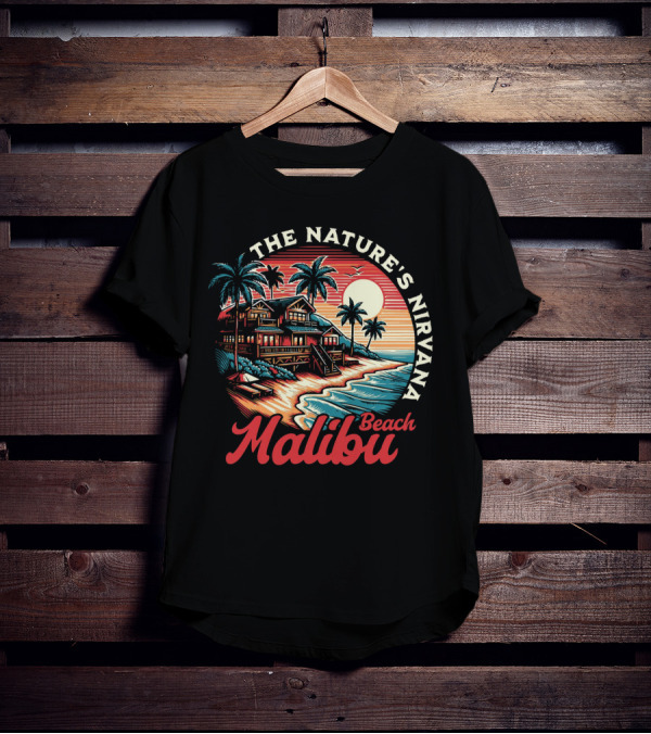 The Nature's Nirvana Malibu Beach Retro Sunset Scene T-Shirt