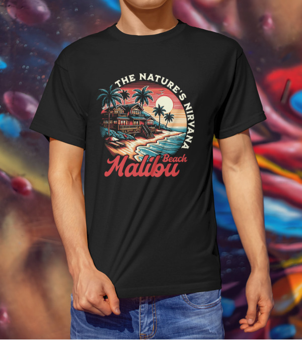 The Nature's Nirvana Malibu Beach Retro Sunset Scene T-Shirt