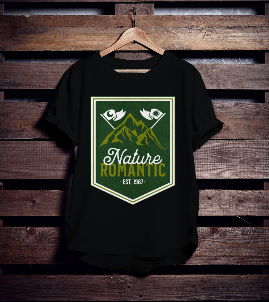 Nature Romantic Est. 1987 Mountain Adventure Sun Moon Flags T-Shirt