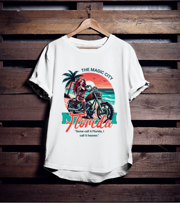 The Magic City Miami Florida Some Call It Florida, I Call It Heaven Motorcycle Beach Sunset T-Shirt
