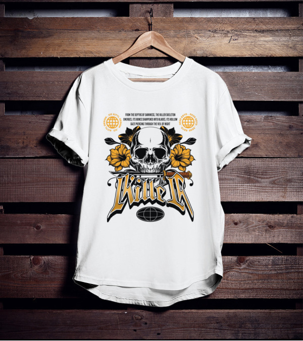 Killer Skeleton Dark Skull With Sword And Flowers T-Shirt