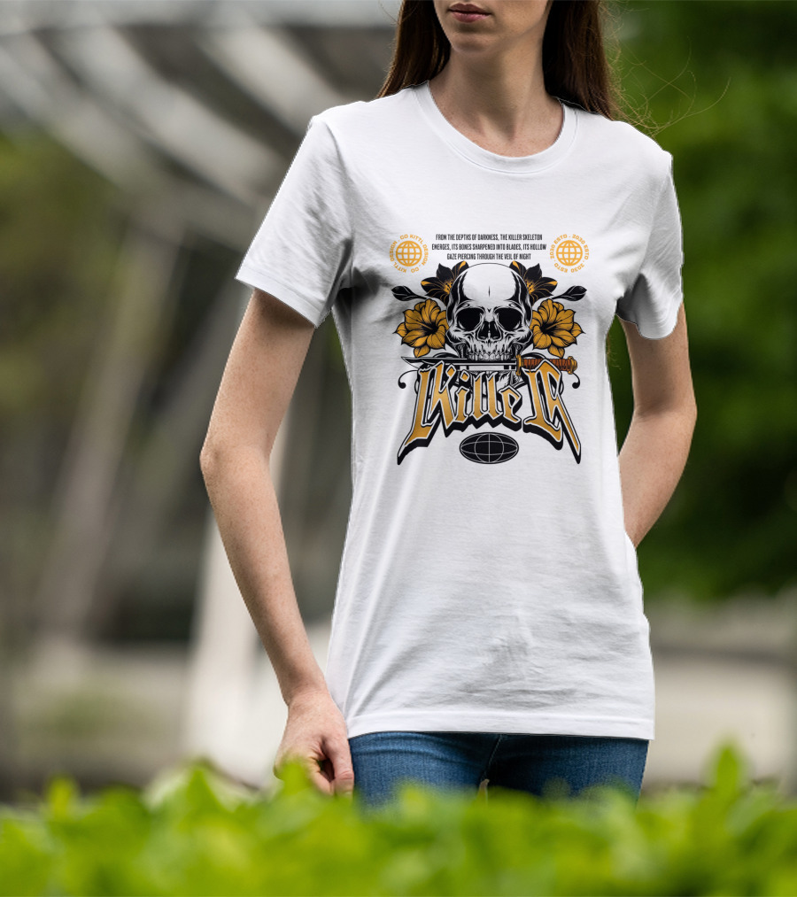 Killer Skeleton Dark Skull With Sword And Flowers T-Shirt