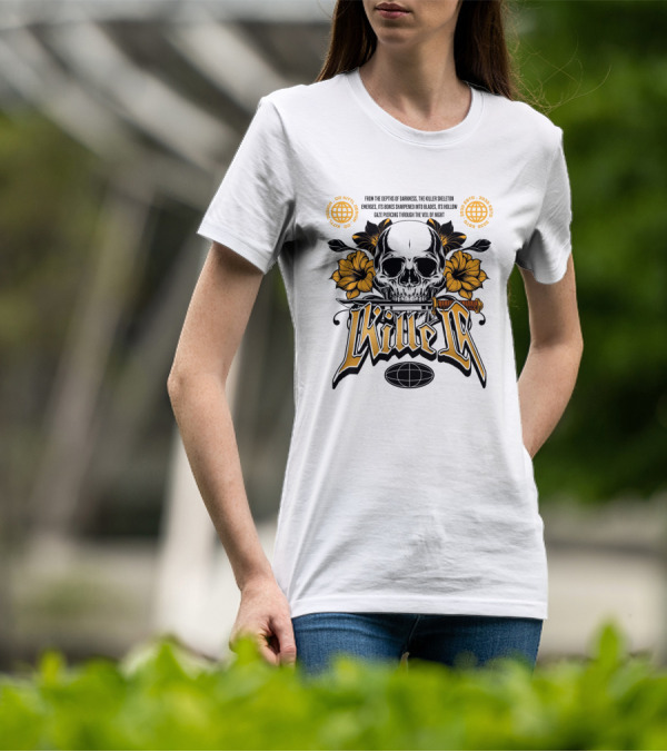 Killer Skeleton Dark Skull With Sword And Flowers T-Shirt