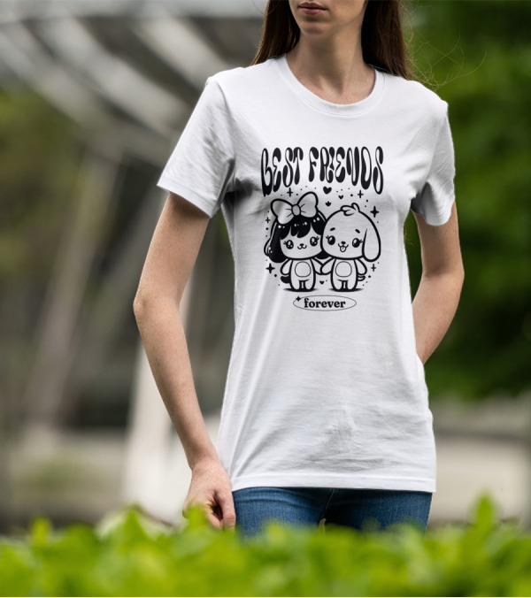BEST FRIENDS FOREVER Cute Cartoon Characters Holding Hands With Hearts And Stars T-Shirt